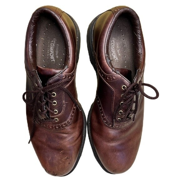 Men’s Golf Shoe Oxford Sz 10 1/2 M Bn Leather Soft Spikes Plain Toe Flaw FootJoy - Picture 2 of 15